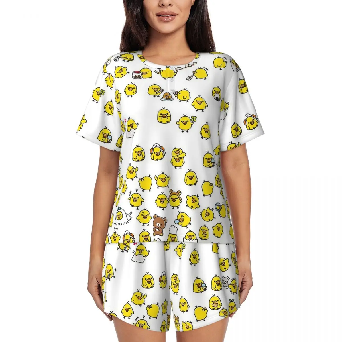 

Милые ночные рубашки с коротким рукавом и круглым вырезом с рисунком Kiiroitori Rilakkuma, женские мягкие пижамные комплекты с короткими штанами