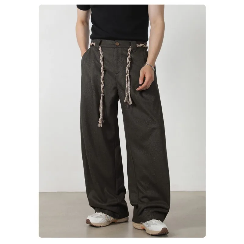 Men-Wide-Leg-Baggy-Pants-Braided-Drawstring-Pleated-Loose-Trousers-Soft-Woven-Fabric-Streetwear-Daily-Wear-Spring-Autumn-Men-Pan