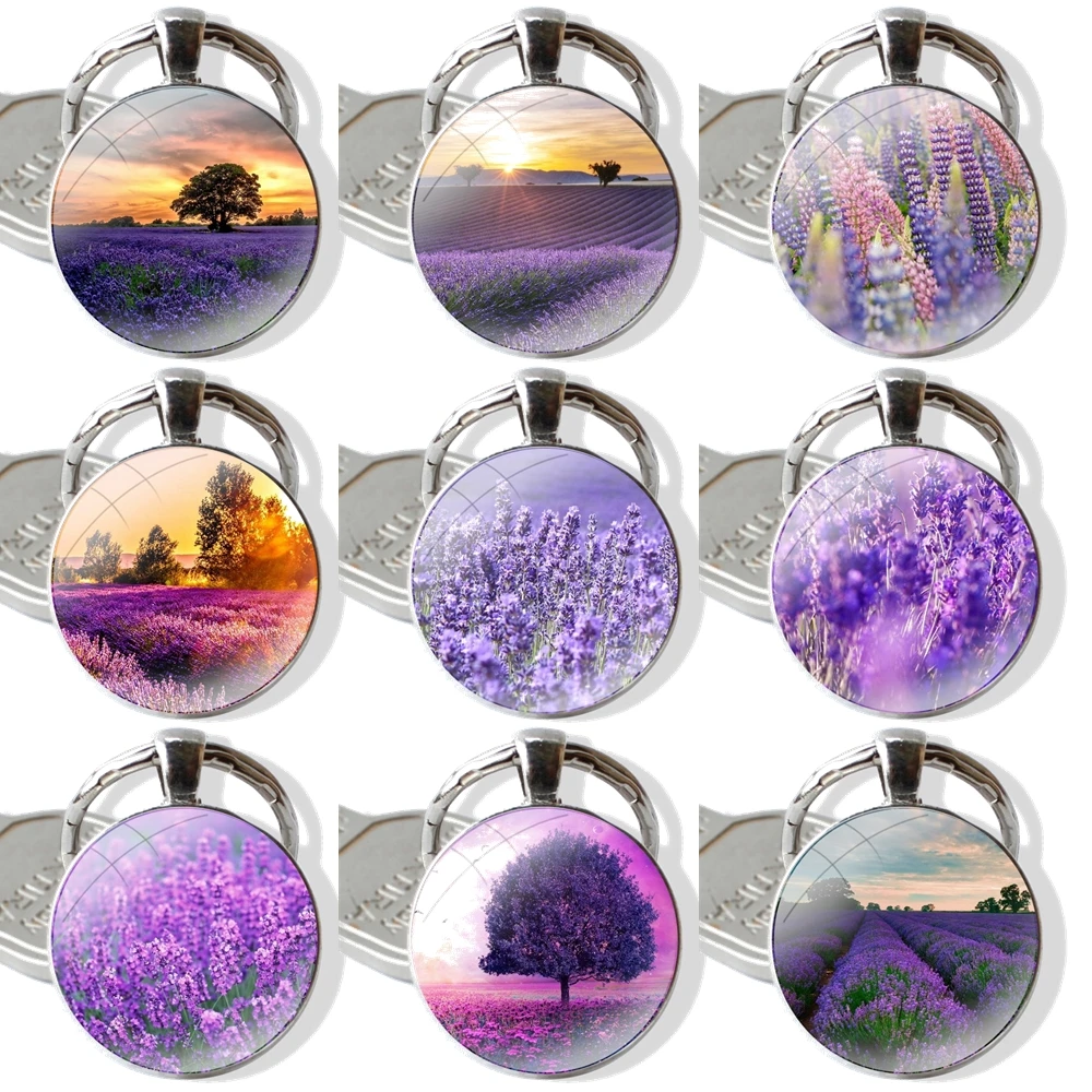 Tides Lavender Fields Purple Flower Keychain Glass Cabochon Metal Pendant Classic Men's Women's Keyring