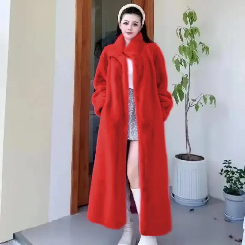 도파민 환경 친화적인 인조 모피 코트 여성용 두꺼운 따뜻한 스탠드 업 칼라 중간 및 긴 얇은 하이 엔드 패션