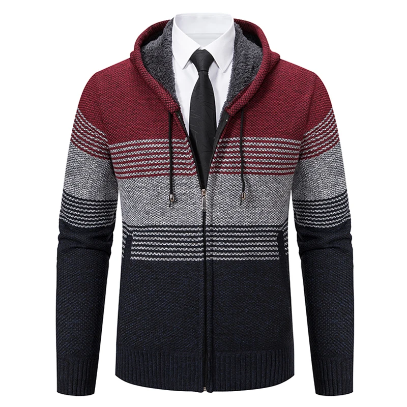 Men's Contrast Sweaters Zipper Cardigan Striped Jacket Autumn Winter Warm Wool Plush Coat Fashion Casual Hoodies