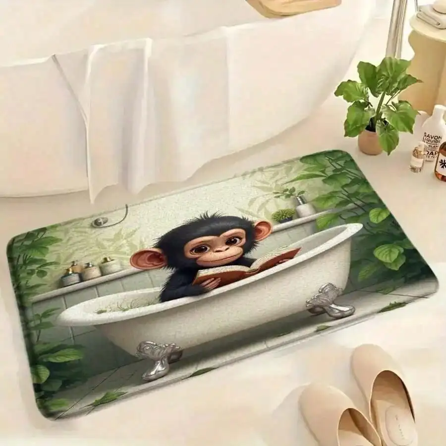Cute Monkey Bath Mat - Cartoon Chimp Reading Book in Bathtub Rug, Green Plant Bathroom Floor Mat, Non-Slip, Multiple Sizes