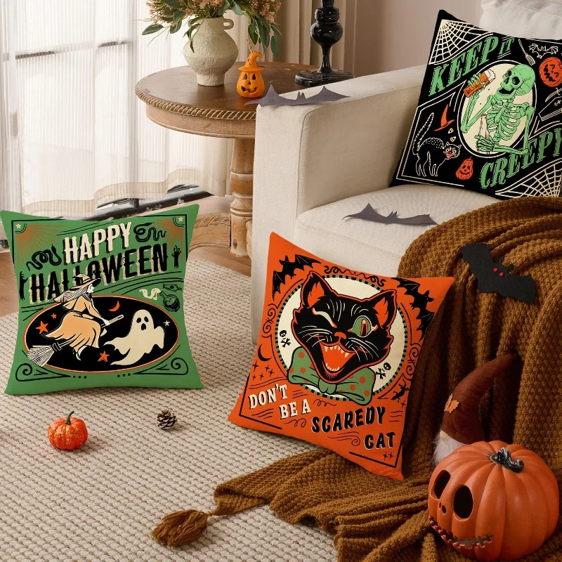 4pcs Funny Halloween Pillow Cover Printed Linen Sofa Cushion Home Living Room Decor Prop