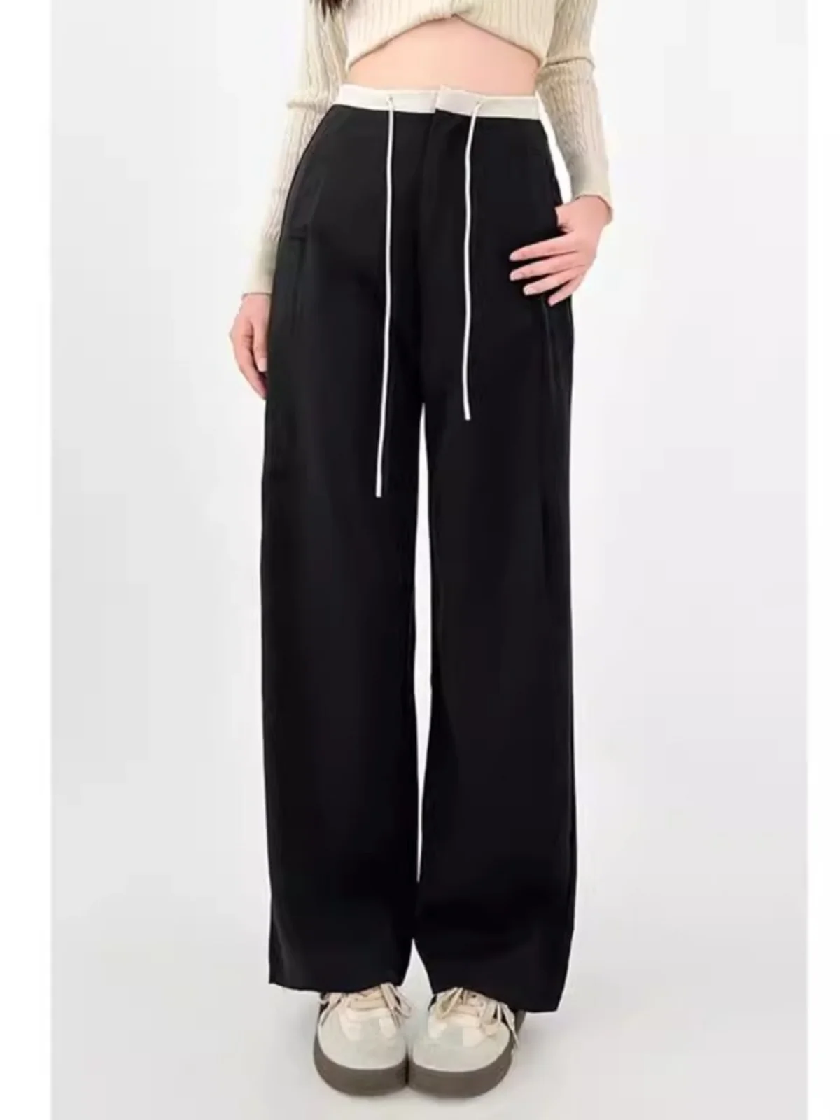 

plus Size Casual Black Straight Leg Suit Pants Women's High Waist Loose Slimming Drapey Wide Leg Long Trousers Autumn New