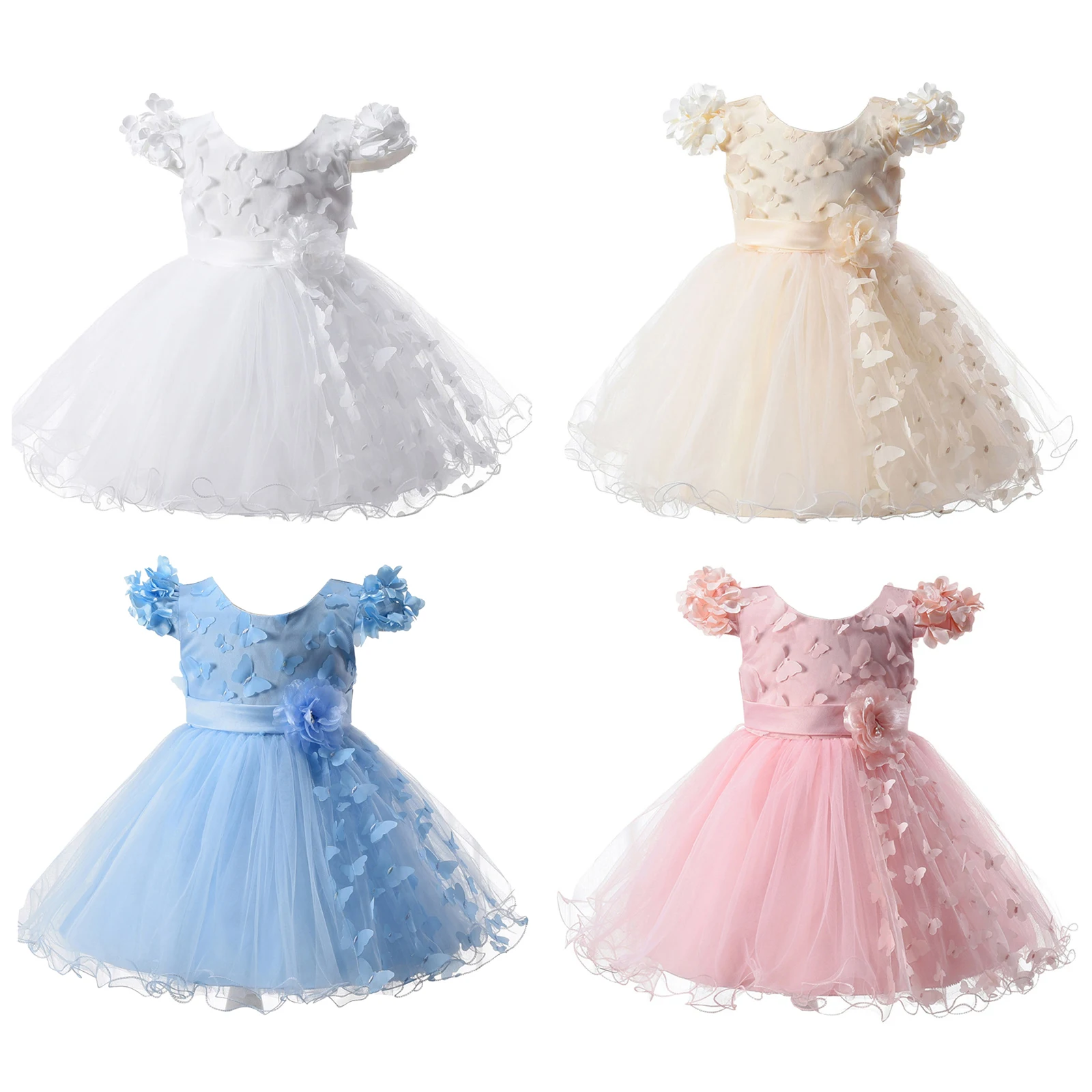 Toddler Baby Girls Birthday Party Wedding Princess Dress Short Sleeve Flower Butterfly Tulle Ball Gown for Evening Banquet Prom