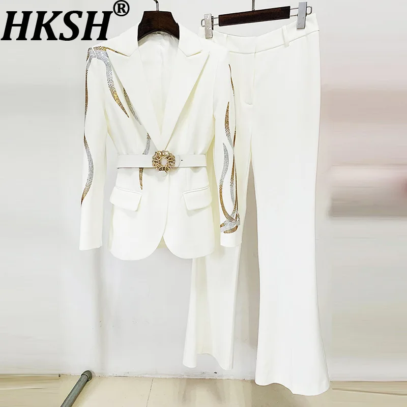 

HKSH Spring Autumn New Women's Two-piece Suit Set Studded Colorful Diamonds Belt Blazer Flared Pants Elegant Fashion Ins HK16010