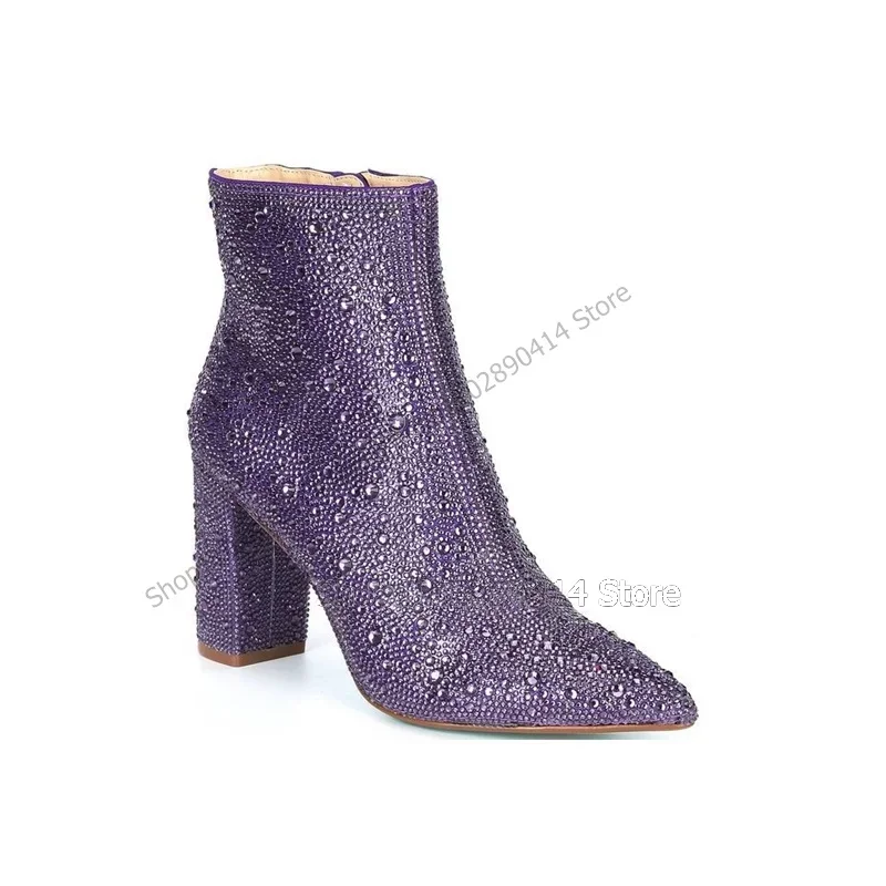 

Multi Colors Crystal Decor Pointy Toe Ankle Boots Side Zipper Women Shoes Chunky High Heels New Fashion 2023 Zapatos Para Mujere