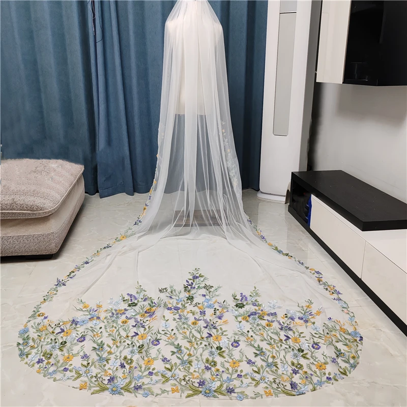 

3D цветная свадебная фата с цветочным принтом, разноцветные цветы, листья, фиолетовый, зеленый, синий, кружевной край с расческой для невесты, собор, длинный