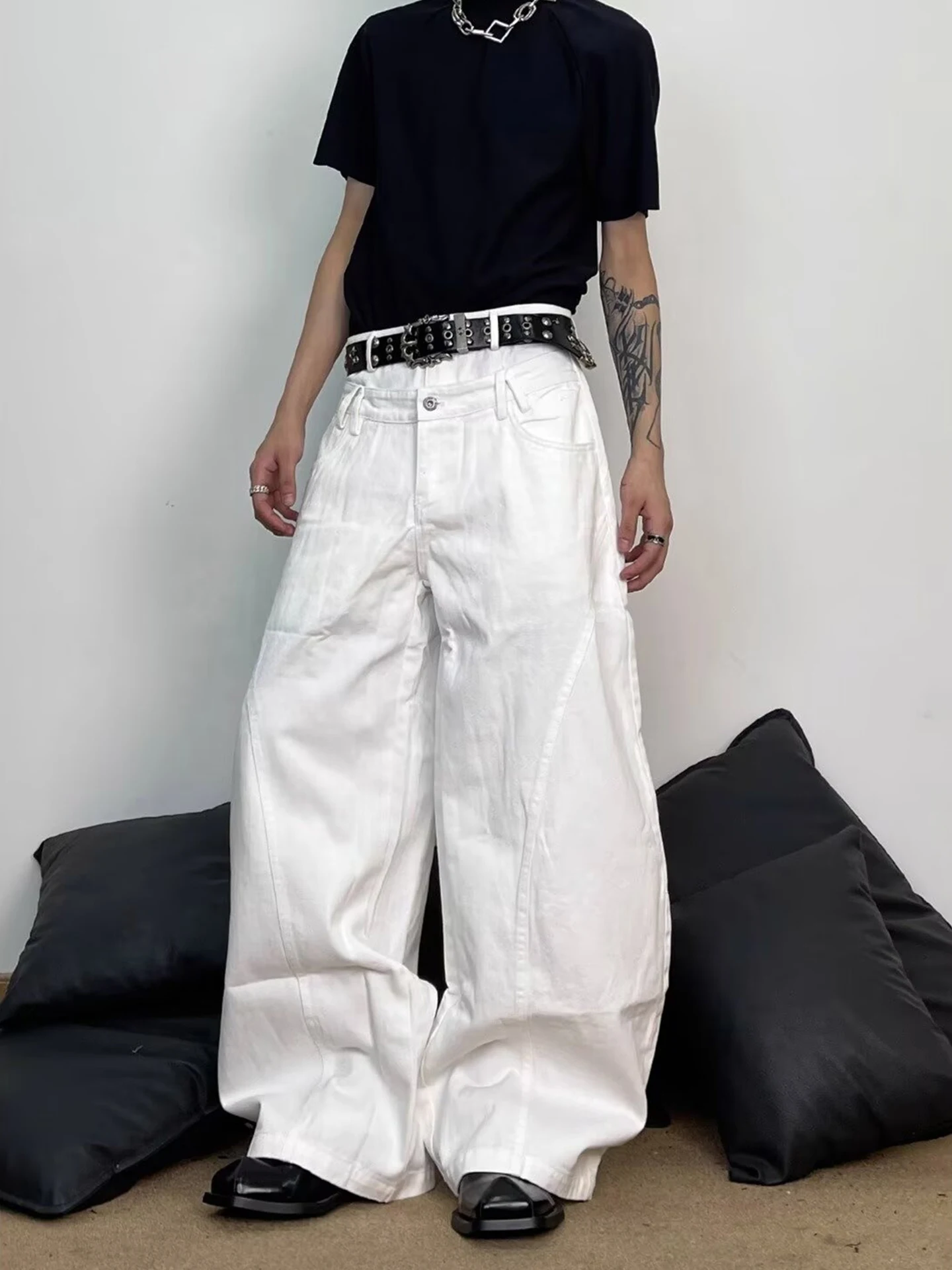 

Мужские джинсы в американском ретро-стиле с широкими штанинами, повседневные, с двойным поясом, удобные, свободного кроя, на все сезоны