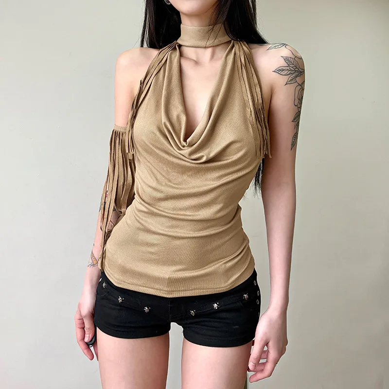 

2025 Summer New Fashionable Street Solid Color Sexy Hanging Neck Sleeveless Backless Vest