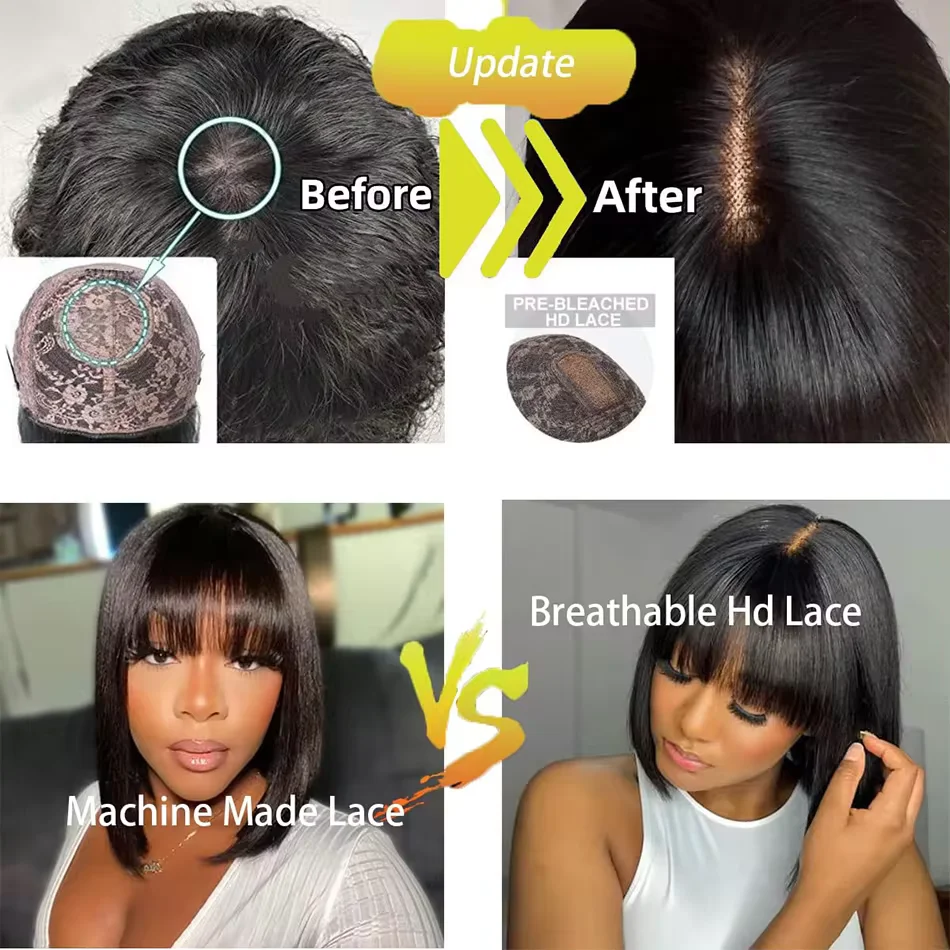 Wig rambut manusia lurus dengan poni 3x1 Wig renda bagian tengah rambut lurus manusia siap dipakai Wig Bob pendek Brasil 180%