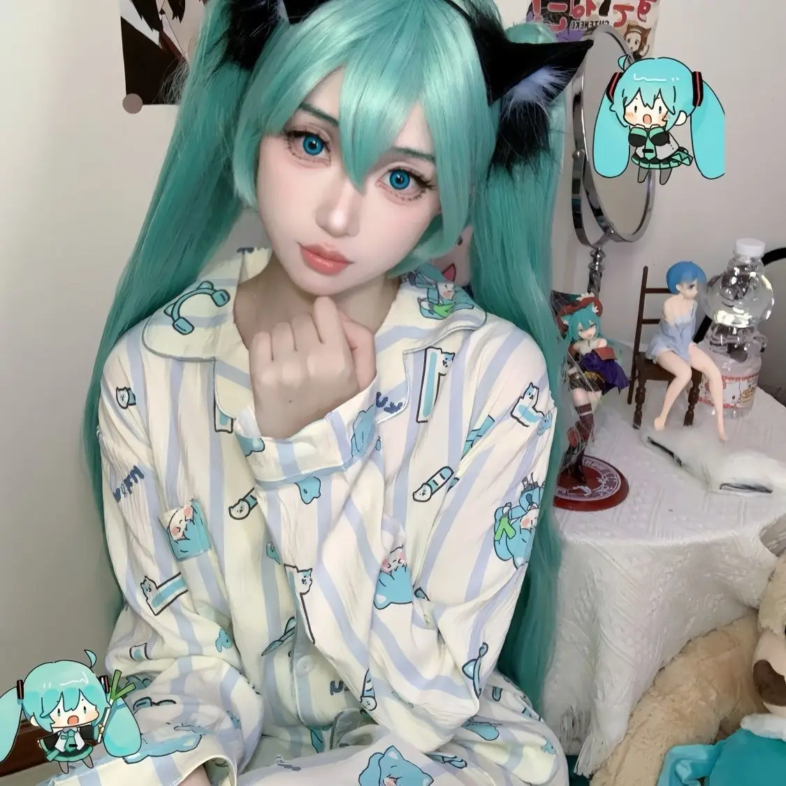 Cute Hatsune Miku Cartoon Women Pajamas Kawaii Can Go Out Homewear Suit Spring Autumn Loose Comfortable Two-piece Birthday Gift