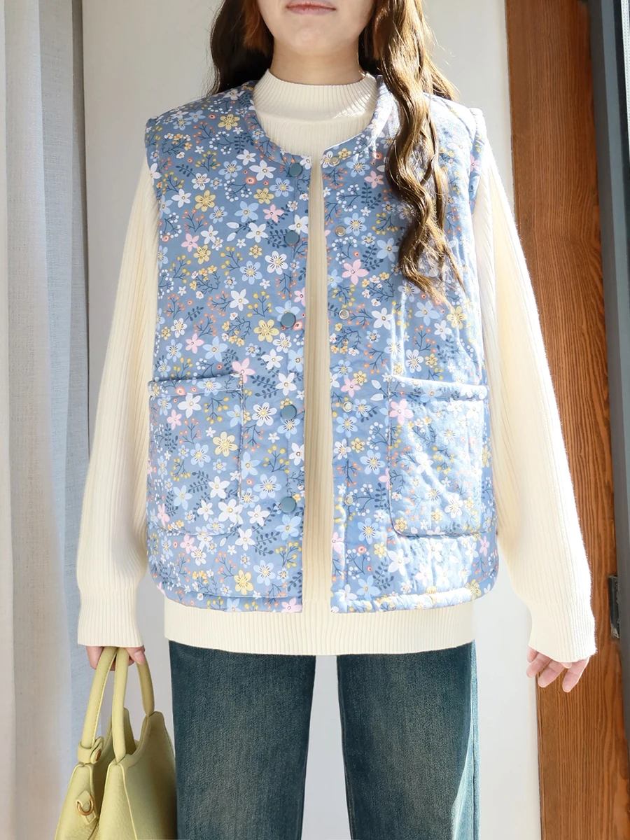 

plus Size Floral Cotton Vest Women's ort Lightweight Autumn Winter Faionable Artistic Outerwear Inner Wear Base Layer
