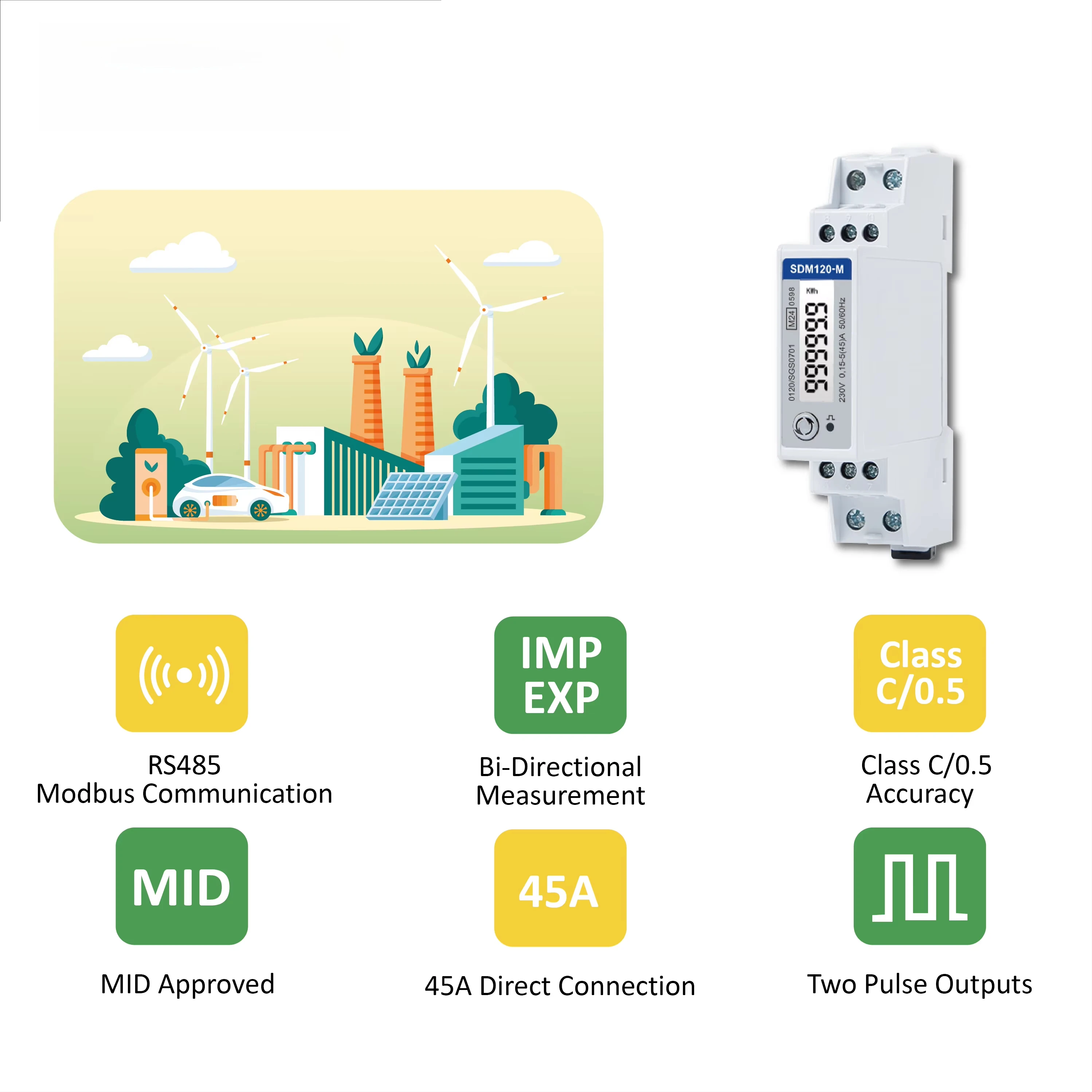 SDM120-M Cost-effective Single Phase Din Rail MID Electricity Meter RS485 Modbus Bi-directional Solar PV Energy Meter