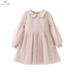 Dave Bella Girls' Princess Dress 2025 New Spring Sweet Cute Mesh Long Sleeved Dress Butterfly Party Outdoor Gentle DK1250799