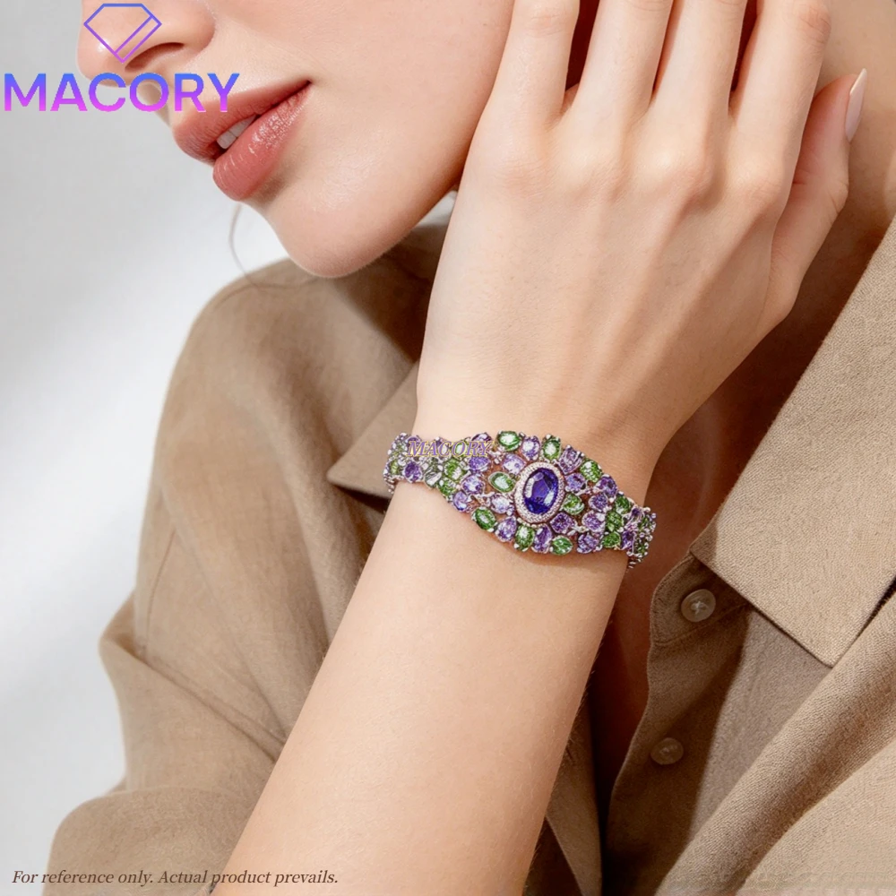 Natural Tanzanite and Tsavorite Bracelet S925 Sterling Silver Pave Zircon Luxury Statement Bracelet Wedding Banquet Fine Jewelry