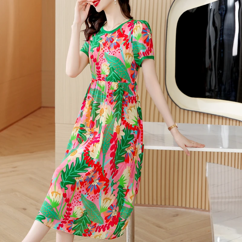 2023 Summer New Silk O-Neck Short Sleeve Flower Print Dress Bohemian Women's Satin Waist Waist Slim Large Size Long Dress