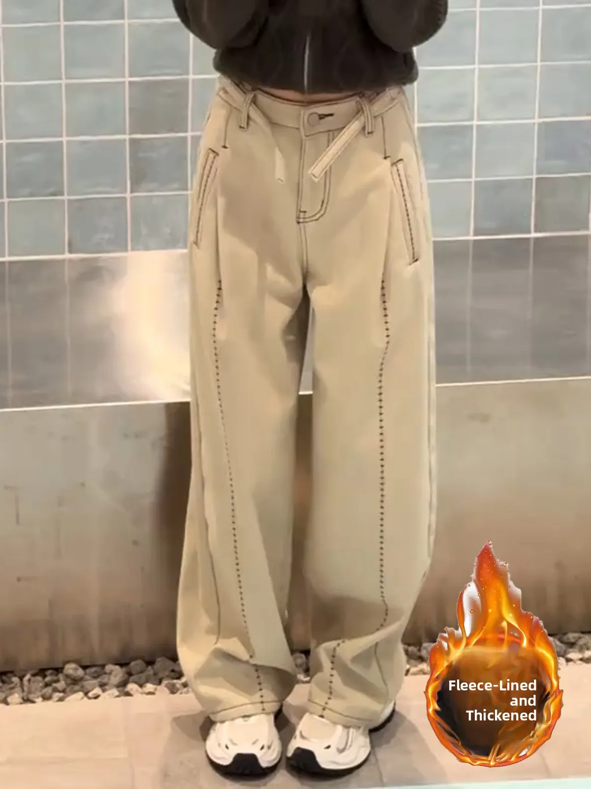 

Женские зимние джинсы с высокой талией, широкими штанинами, на флисовой подкладке, свободного прямого кроя, в стиле ретро, из комфортного эластичного денима