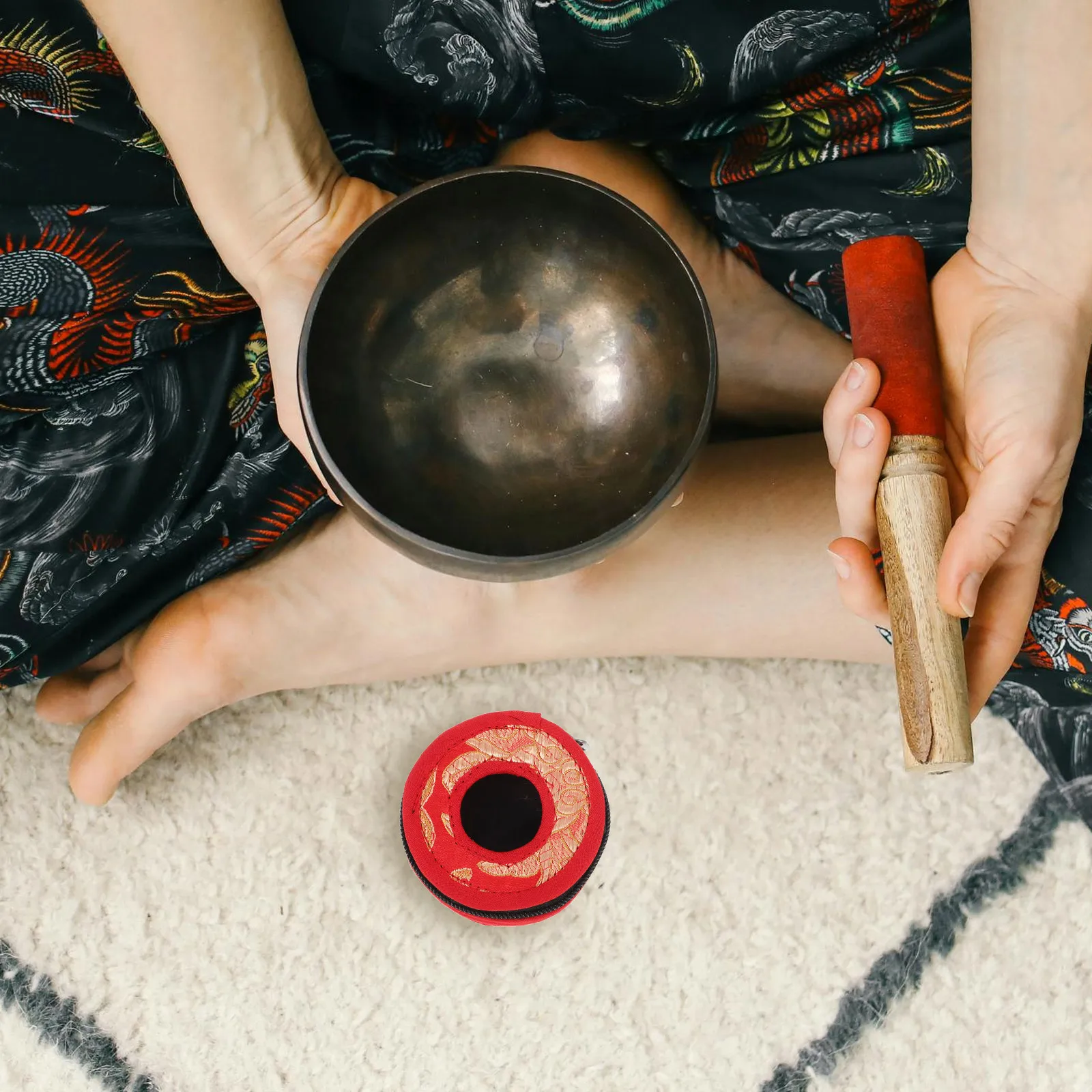 

Finger Cymbals Holder 7.5cm Red Pattern Cotton Case Zipper Tingsha Pouch Finger Cymbals Bell Holder Storage Bag