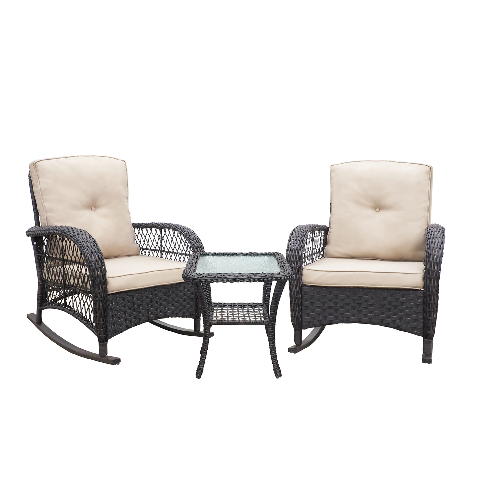 [Flash Sale]3 Piece Wicker Patio Rocker Sets Rattan Rocking Furniture Set with Glass Table Dark Brown[US-Stock]