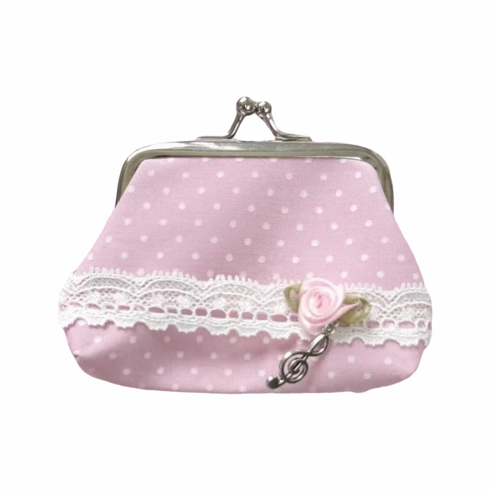Y2k Style Handmade Lace Polka Dot Coin Purse Music Note Rose Pattern Kiss Lock Wallet Vintage Portable Earphone Bag Office