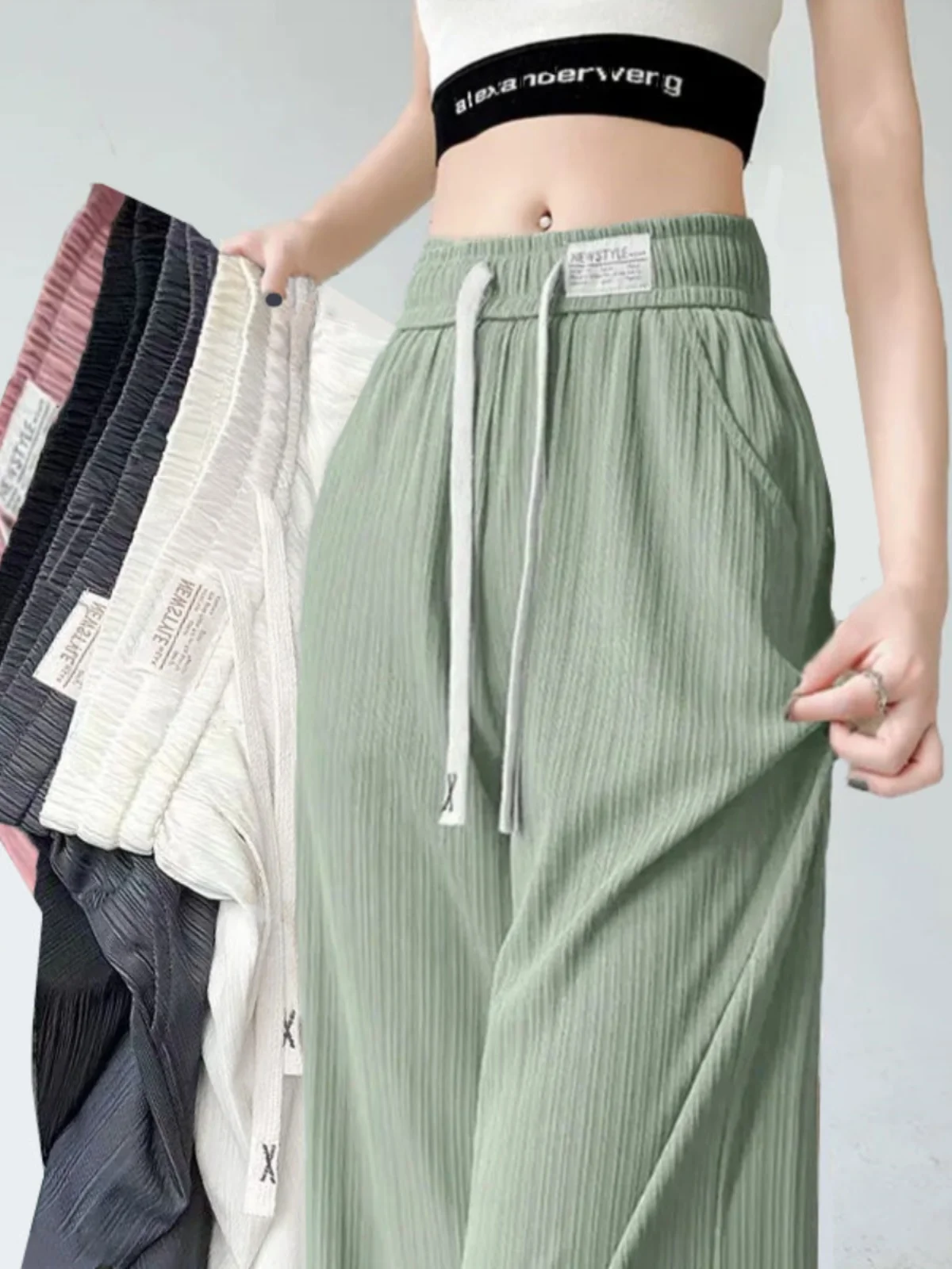 Ice Silk Wide Leg Pants Women Summer Thin High Waist Slim Loose Cool Straight Casual Trousers Student Nine Points Pants