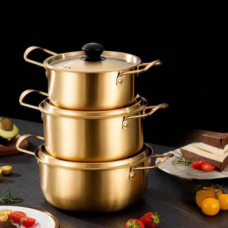 

3pcs 3 Size Korean Style Stainless Steel Lamian Noodles Pot Set with Cover Golden Round Soup Pot Set