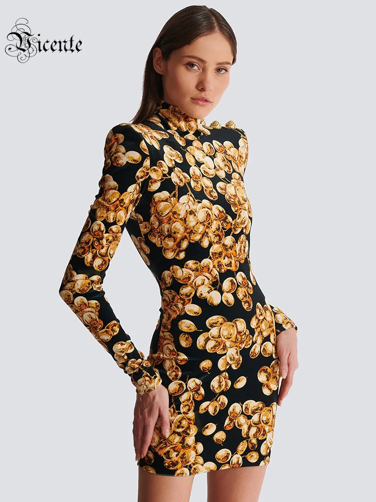 VC Grape Printed Gold Velvet Turtleneck Slim Mini Dress Women Button Design Long Sleeves Celebrity Cocktail Club Party Dress