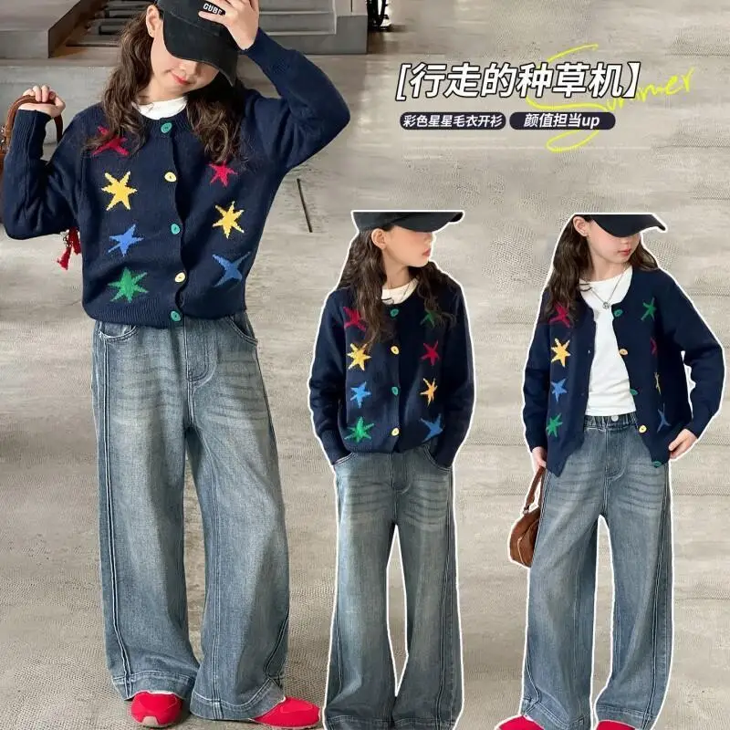 

Корейский модный свитер для девочек, куртка Kawaii, повседневный комплект пальто, детский универсальный кардиган, одежда, осенняя новинка, одежда на меху