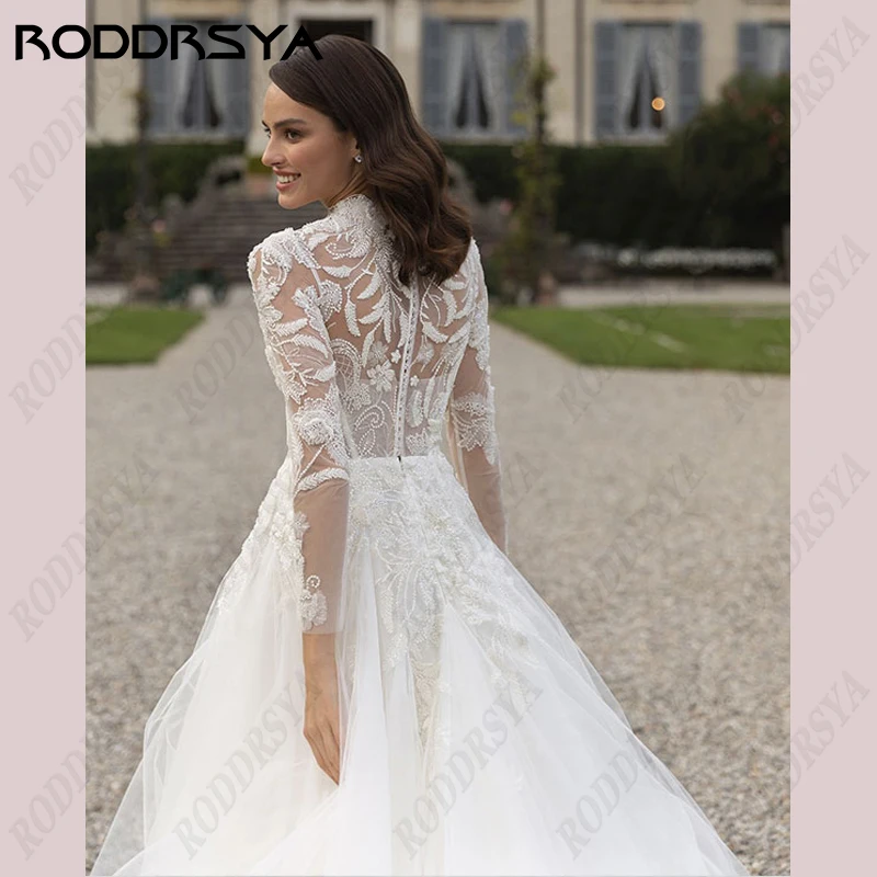 RODDRSYA Princess High Neck Wedding Dresses For Women Romantic Lace Long Sleeve Bride Party Elegance Appliques Bridal Gowns