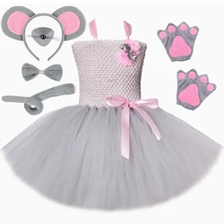Grey Rat Mouse Costume Kids Halloween Party Animal Dress Up Outfit Toddler Girls Mice Tutu Dress with Ears Tail Tie Nose Gloves
