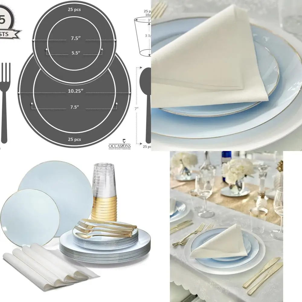 

Wedding 200-Piece Disposable Plate Set for 25 Guests - 10.25 & 7.5 Inch Plates, Silverware, Cups, Napkins in Blue & Gold Bali Th