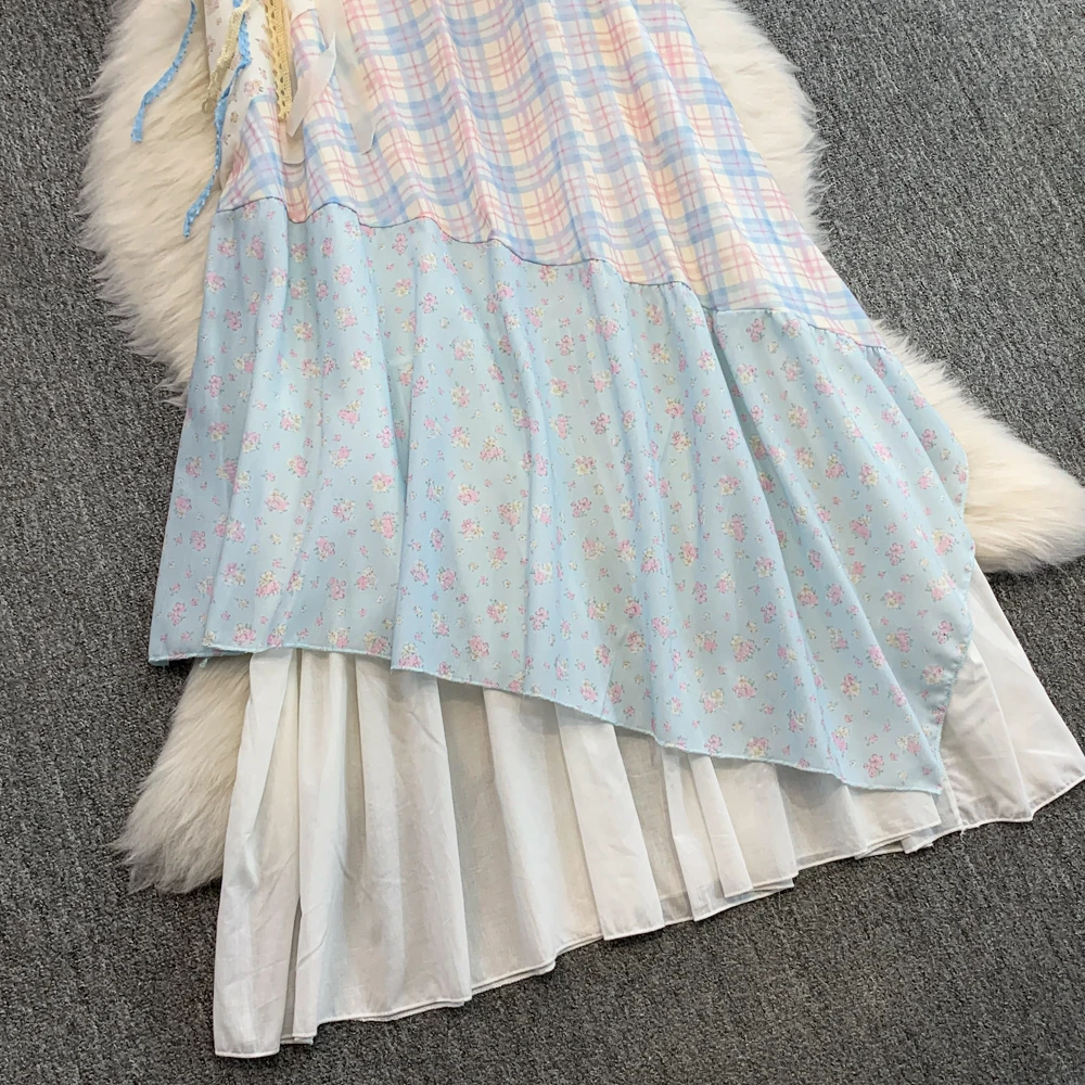 Floral Print Spaghetti Strap Dress for Women Summer Contrast Color Spliced Beach Vacation Sundress Design Irregular Long Dresses