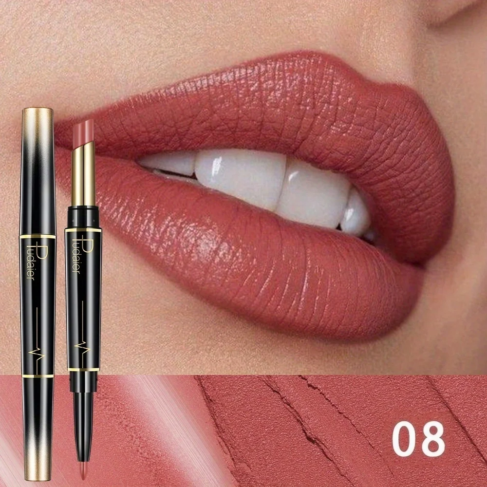 Double-headed lipstick - lip liner and lip gloss, moisturizing formula, not easy to smudge, suitable for daily use and parties.