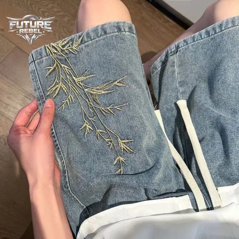 

Mens Denim Shorts Washed Embroidery Streetwear Shorts Harajuku Unisex Loose Fit Straight Leg Five Length Casual Summer Fashion