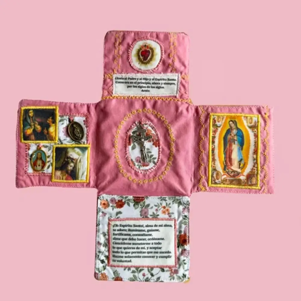 Bolsillo hecho a mano Edición de fe devocional Bolsa de tela en forma de cruz Bolsillo de costura devocional con oraciones cruzadas Saint Images