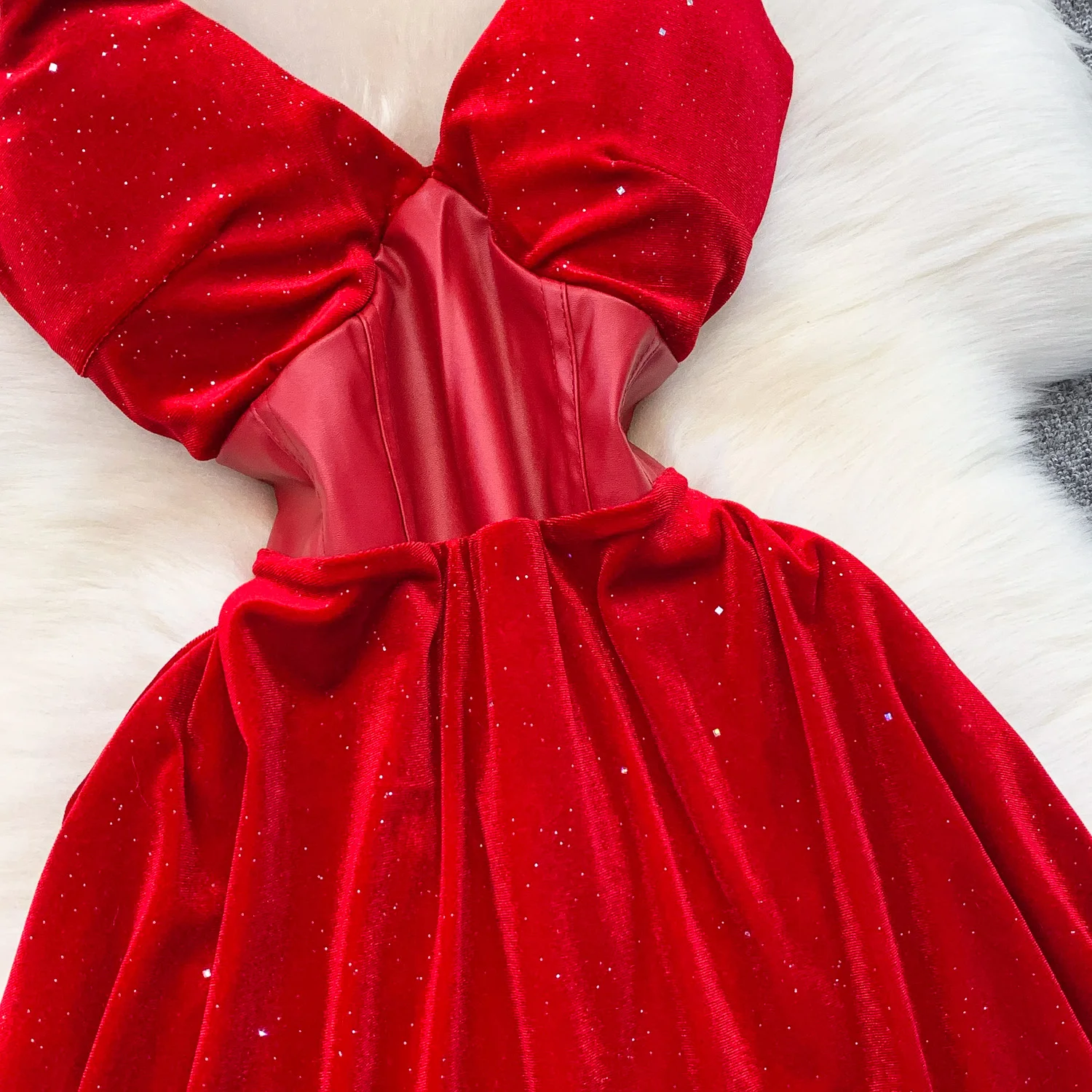 أنيقة خمر الترتر القطيفة بلا أكمام أنيقة الجنية الكورية أزياء الخريف فستان الشمس النساء الملابس #6