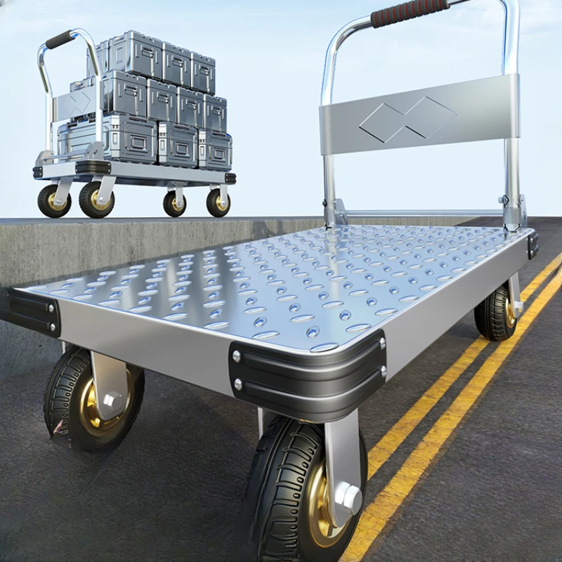 

Steel plate small carts for pulling goods, hand carts for handling, household flatbed trucks, portable trailers, folding