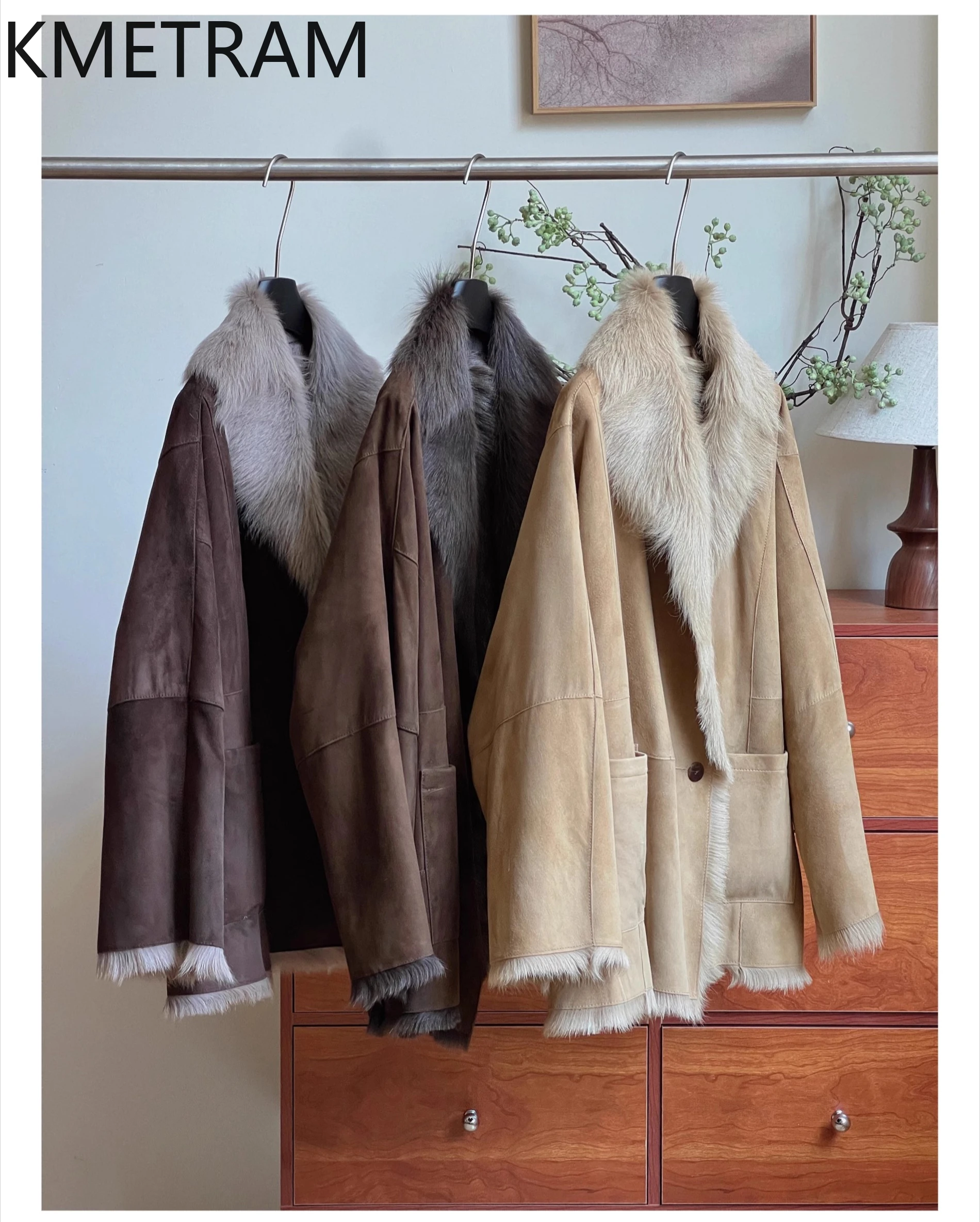 KMETRAM Natuurlijke geitenleer met wollen bevestigde jas Dames Luxe losse echt bontjassen 2025, nieuw in jassen Wintervrouwkleding