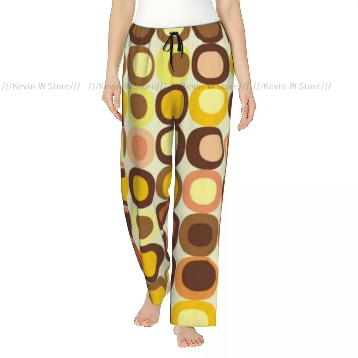 

Women Cozy Flannel Lounge Pants Soft Mid Century Retro-Themed Styled Edged Square In Old Earth Tones Sleep for Winter Homewear