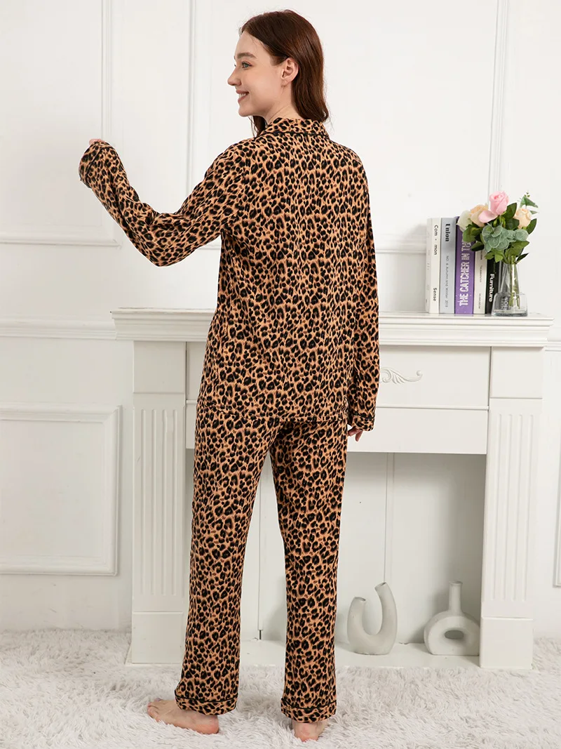 Plus Size S-3XL Leopard Print Viscose Pajama Sets for Women Long Sleepwear Loungewear INS Style Sleepwear Pijamas