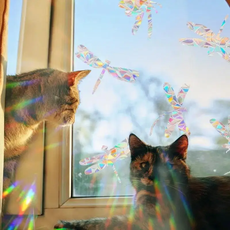 Nuevo Adhesivo Decorativo para Ventanas con Efecto Arcoíris, Diseño de Gato, Pájaro, Estrella, Hongo, Luna y Sol, Adhesivos Electrostáticos para Vidrio con Prisma