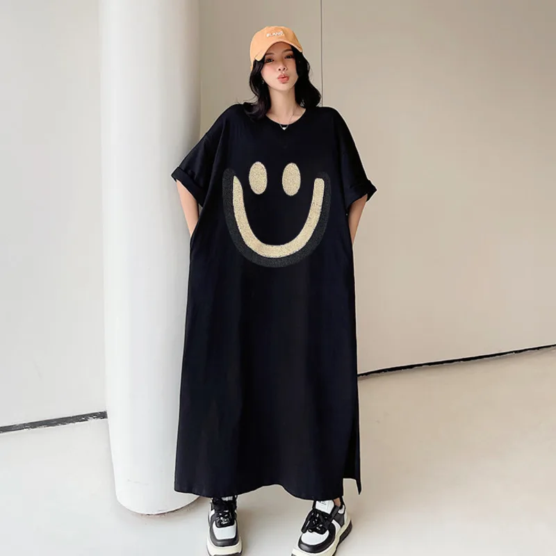 #6118 Black Gray Cartoon Printed T Shirt Dress Short Sleeve Loose Pockets Straight Ladies Dresses Ankle-length O-neck Vestidos