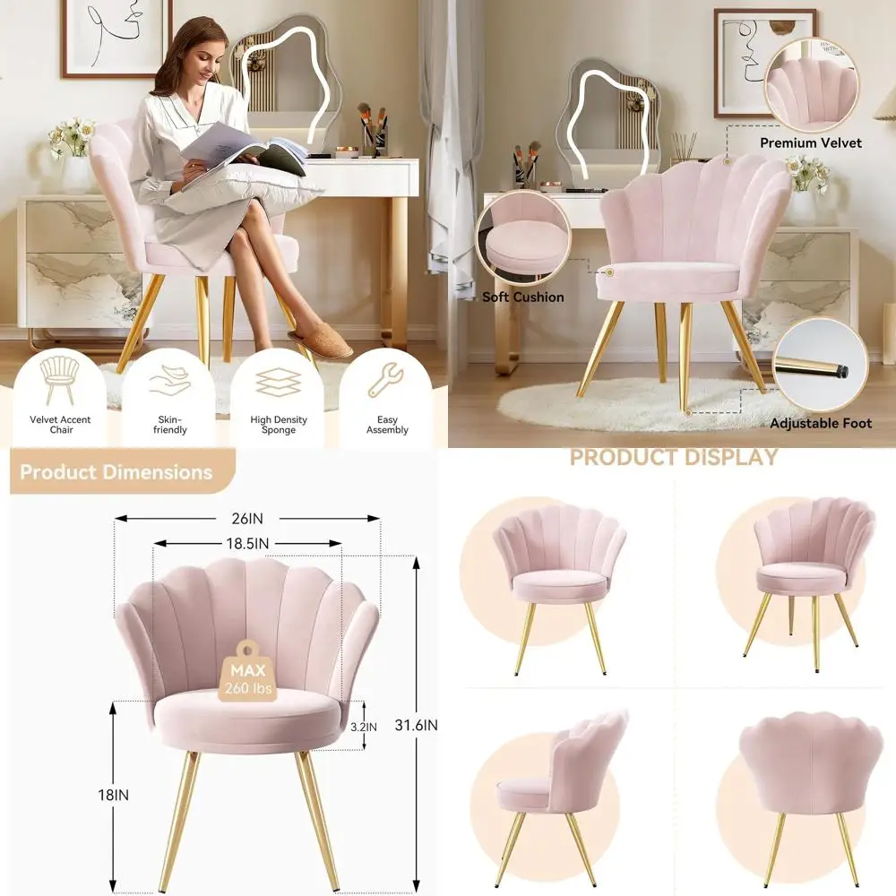 Velvet Accent Chair with Gold Metal Legs, Vanity Chair or Makeup Room, Upholstered Gt Chair or Living Room, or Bedroom, Light Pi