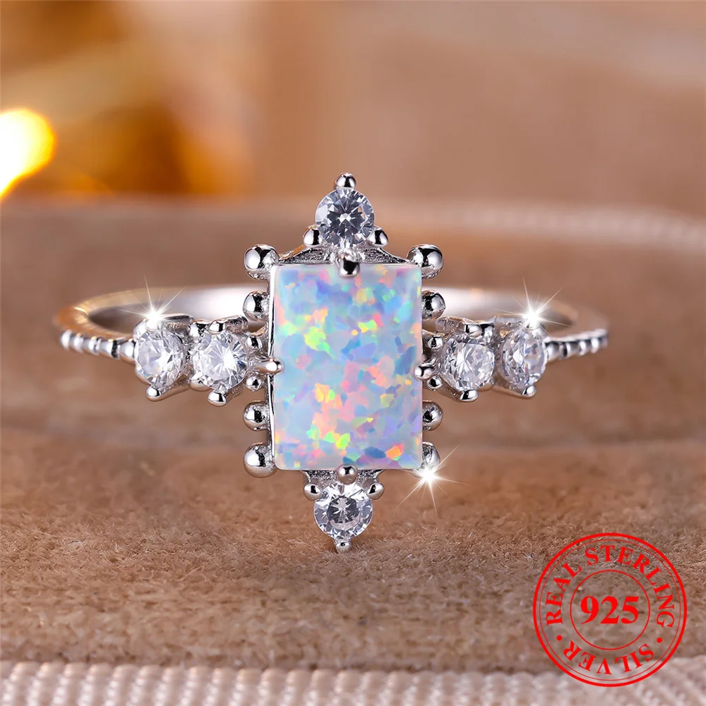 Cute Female Natural White Fire Opal Stone Square Ring Real 925 Sterling Silver Wedding Jewelry For Women