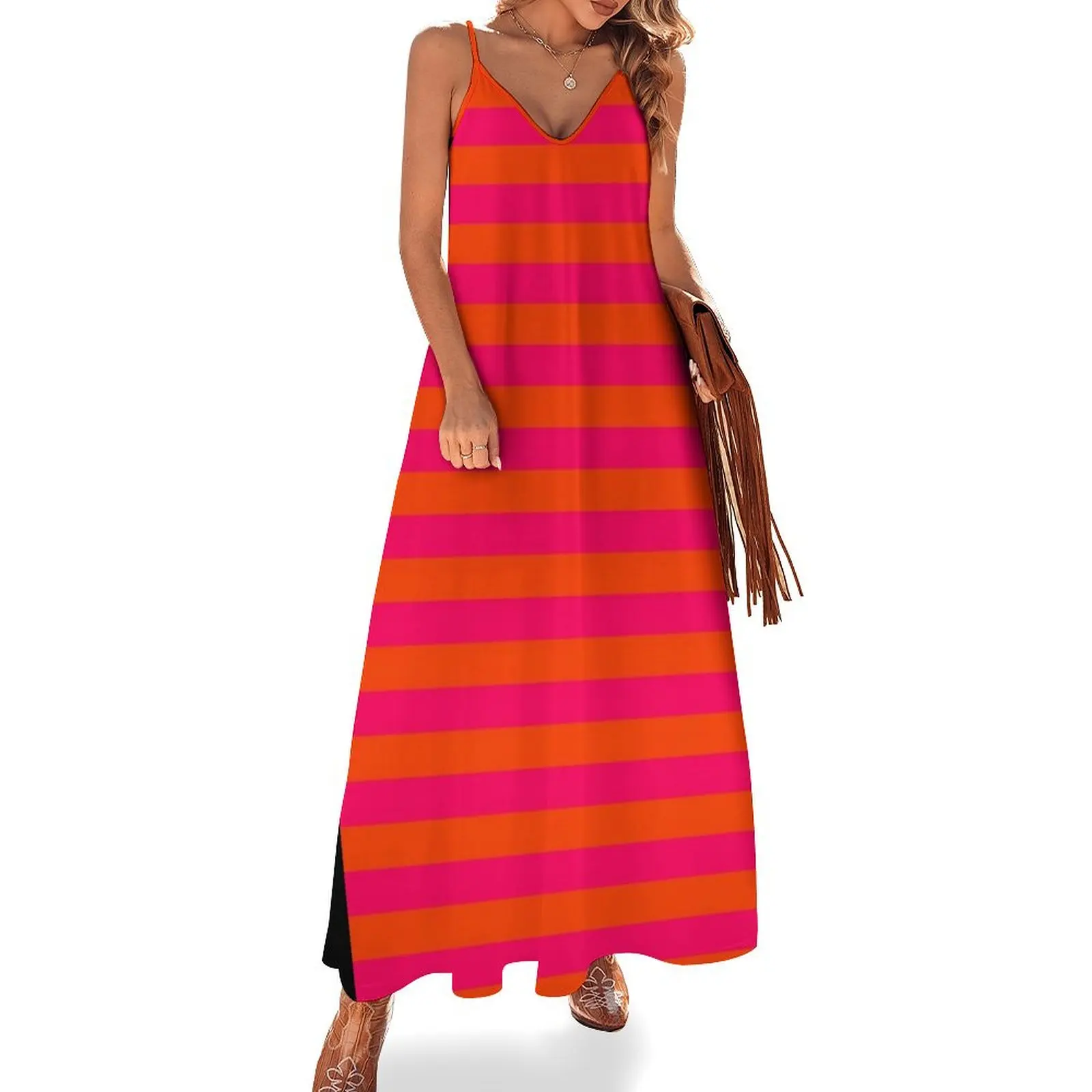 

Orange Pop and Hot Neon Pink Horizontal Stripes Sleeveless Dress Party dresses for women dress for women