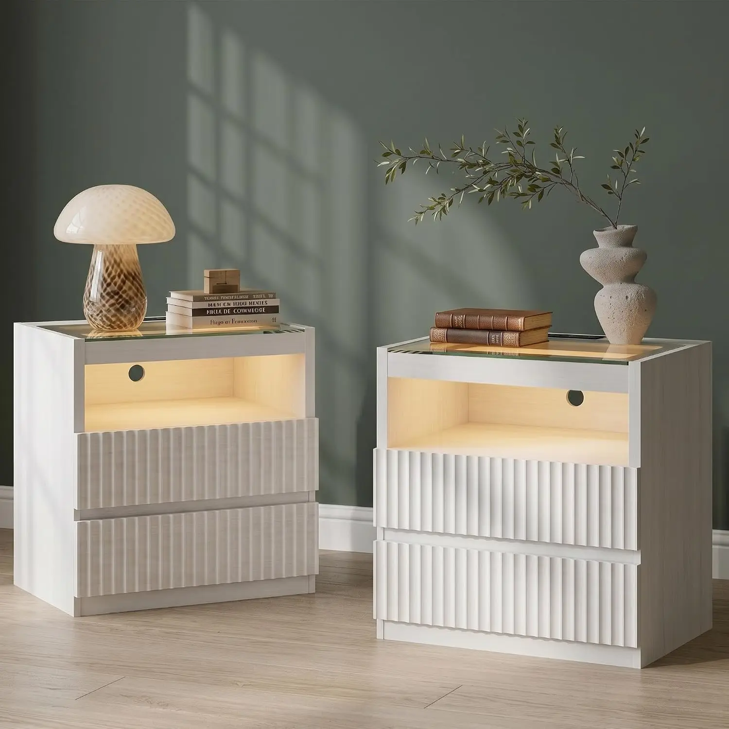 NightStand Set of 2 with Charging Station,with LED Lights and Tempered Glass Panel,Modern Bedside Tablewith 2, Customized
