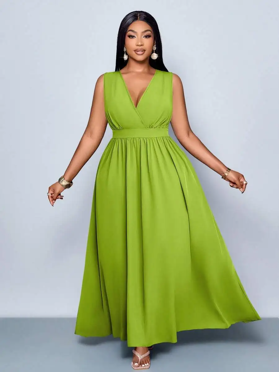 

Plus Size Solid Lime Green V-Neck A-Line Maxi Dress, Loose Fit for Casual Summer Wear