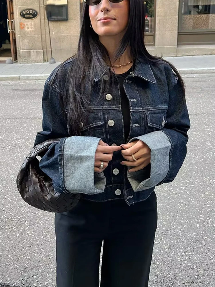 HH 2024 Vintage Women Patchwork Denim Jacket Pant Sets Long Sleeve Cropped Coat+High Waist Wide Leg Pants Streetwear Suit