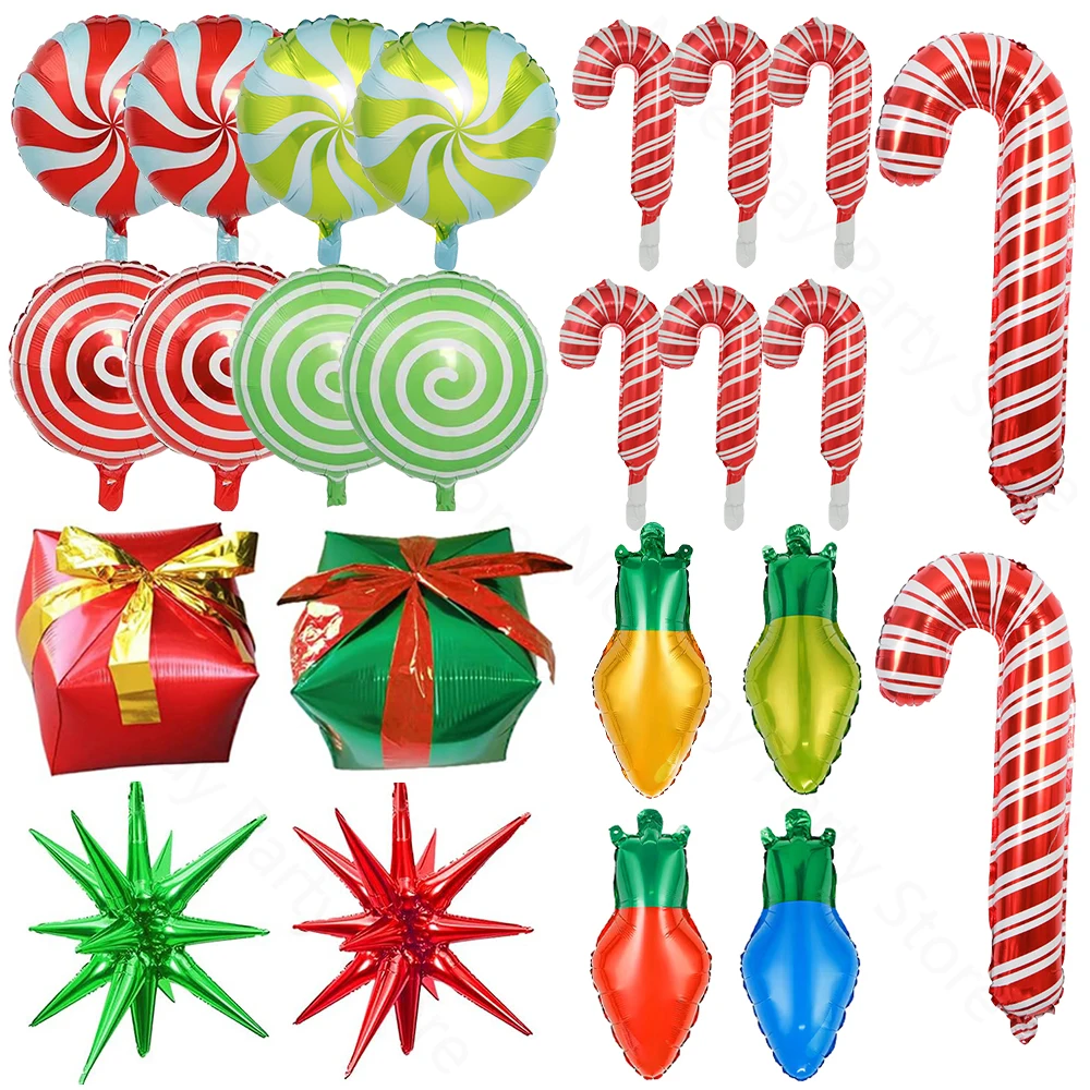 Globos de aluminio de bastón de caramelo de piruleta de Navidad, decoración de fiesta de Navidad, caja de regalo de decoración navideña roja y verde, globo de aluminio de estrella de explosión